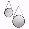 set of two industrial style round hanging mirrors with leather straps