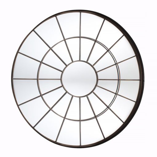 round metal industrial style window mirror finished in a distressed bronze