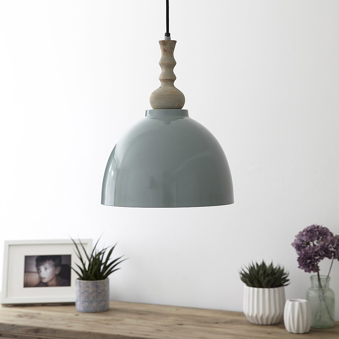 Duck Egg Metal Pendant Light With Wooden Top Primrose Plum Duck Egg Blue Domed Metal Ceiling Pendant Light With Natural Wood Spindle Top