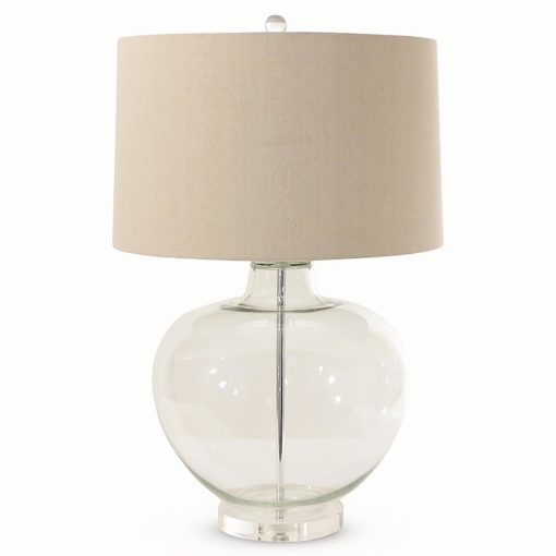 large urn shaped glass table lamp with a round natural linen lampshade