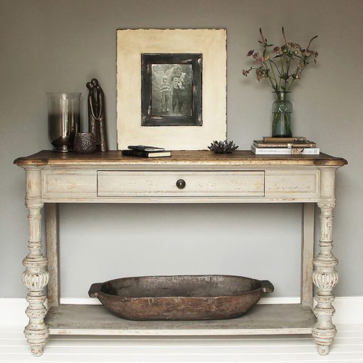 solid oak console table with a drawer to front and bottom shelf finished in a heavily distressed grey with a contrasting waxed oak top
