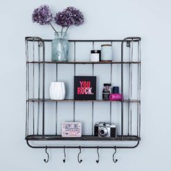 industrial style black metal three shelf wall unit with five hanging hooks