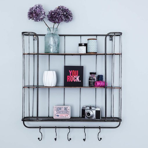 industrial style black metal three shelf wall unit with five hanging hooks