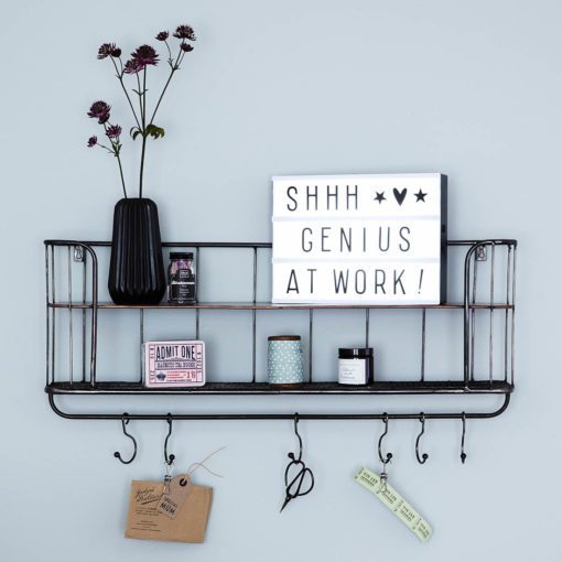 industrial style black metal two shelf wall unit with six hanging hooks