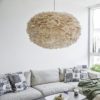 available in three sizes from medium to extra large each round lampshade is adorned with goose feathers dyed light brown - cord sets available in white or black
