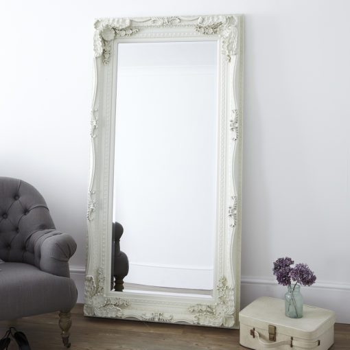 full length dressing mirror in cream with a decorative french style ornate frame