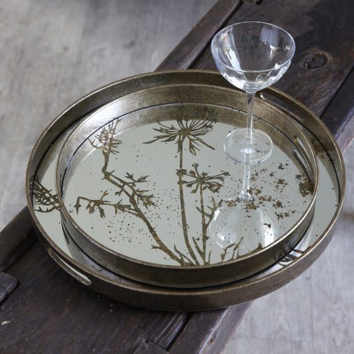 round mirrored tray in antique gold with cow parsley etched design - shown in small or large