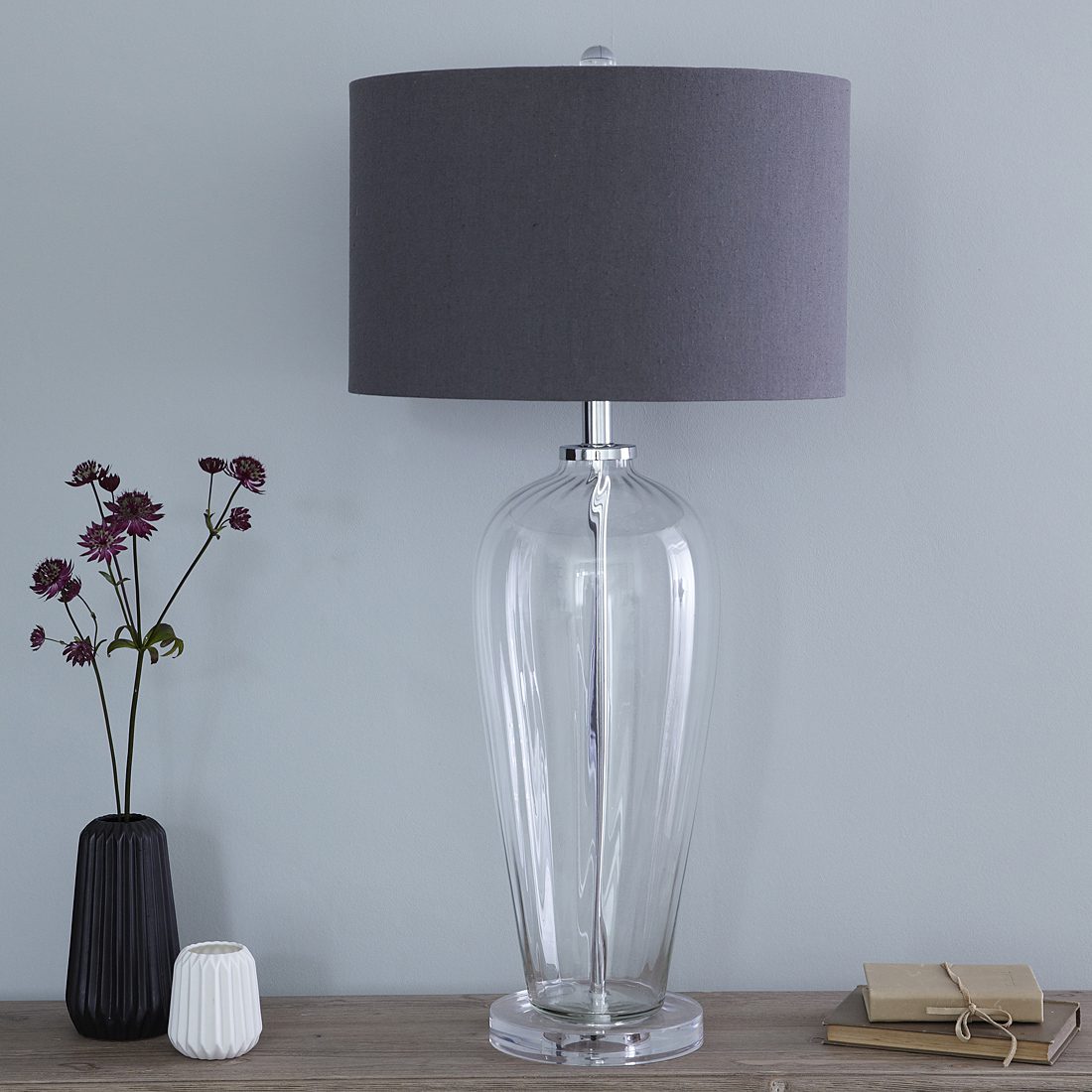 Fluted Glass Table Lamp With Slate Grey, Table Lamp With Glass Shade Uk