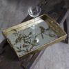 rectangular tray with aged gold surround and mirrored based with etched bird design