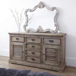 wooden sideboard with two cupboards and six drawers in rustic reclaimed pine