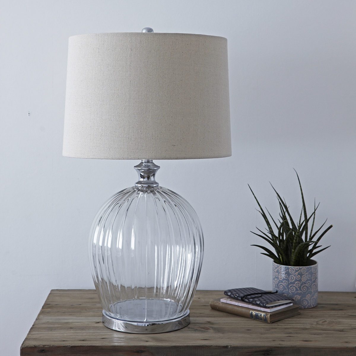 Ribbed Glass Table Lamp With Natural Shade