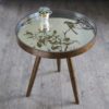 mirroed tray side table in antique gold with etched bird design to top