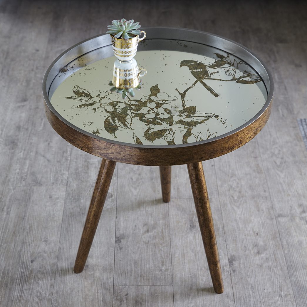 Round Mirrored Bird Table Primrose Plum, Circle Mirror Side Table