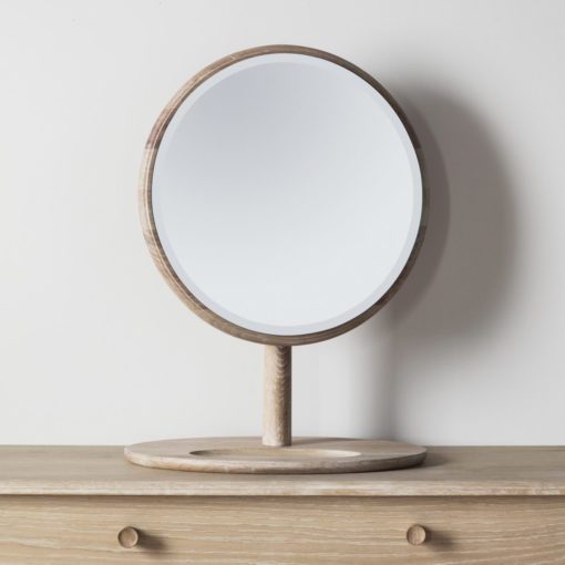 round tilting oak dressing table mirror with oval tray base