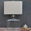 rectangular shaped glass table lamp base with removable top to fill complete with natural linen lampshade