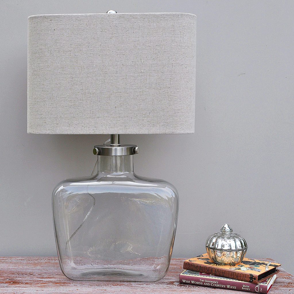 Fillable Glass Table Lamp & Natural Linen Shade Primrose & Plum