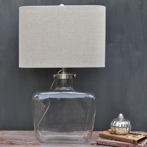 rectangular shaped glass table lamp base with removable top to fill complete with natural linen lampshade