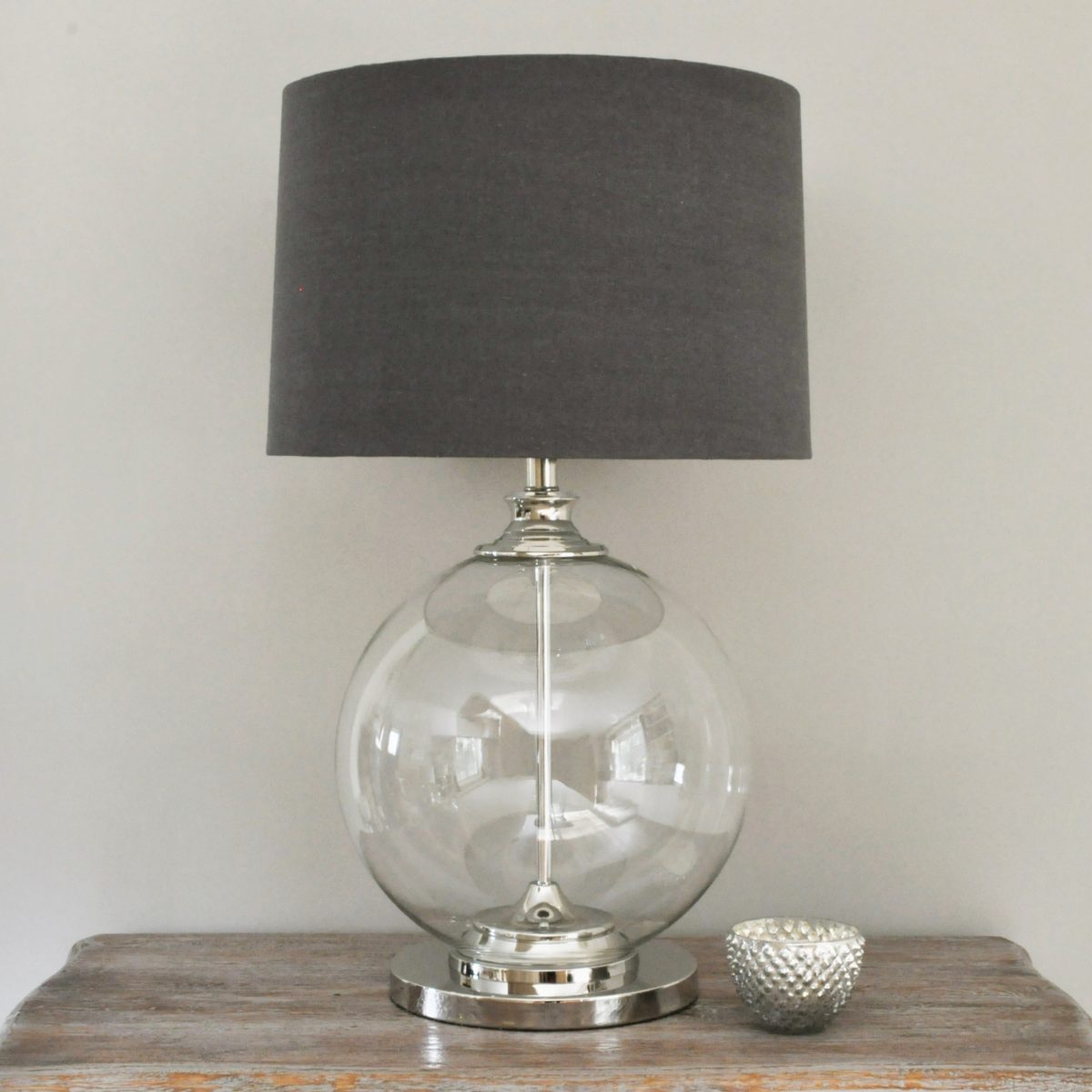 Glass Ball Table Lamp & Grey Shade - Primrose & Plum