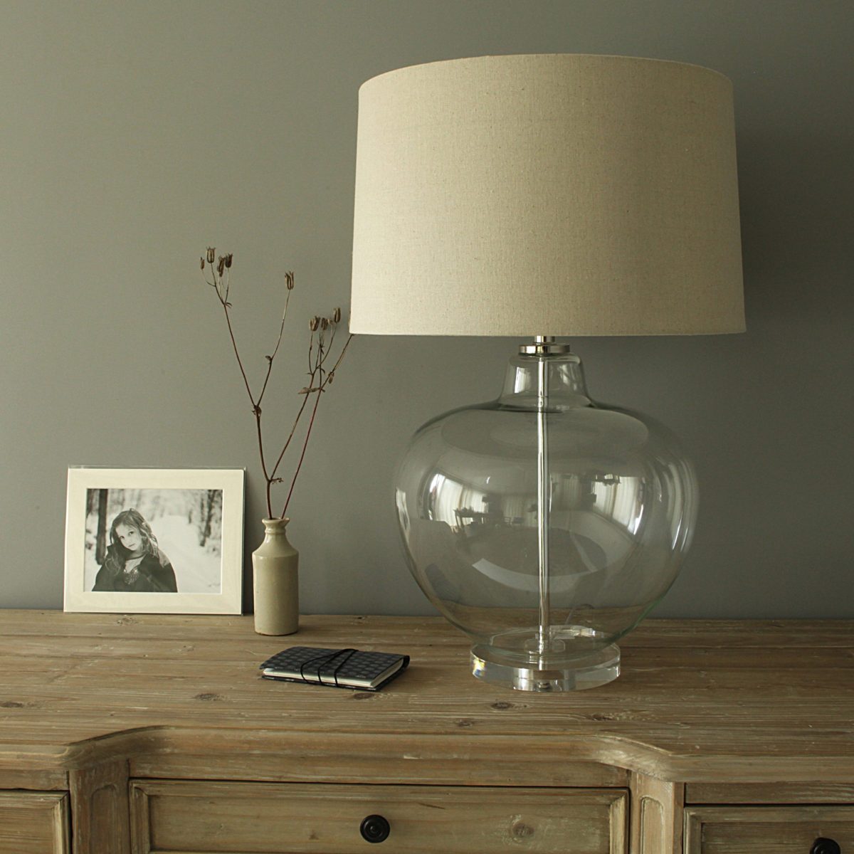 Glass Urn Table Lamp With Natural Shade, Large Glass Table Lamps Uk