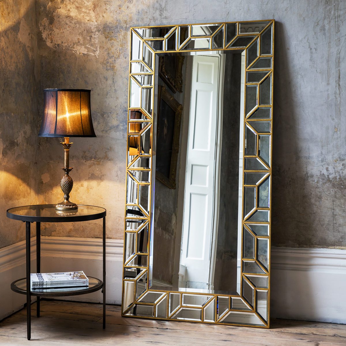 Gold Geometric Floor Standing Mirror, Large Leaning Floor Mirror Gold