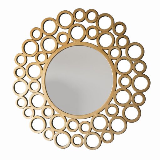 round gold wall mirror with small circular bubble frame