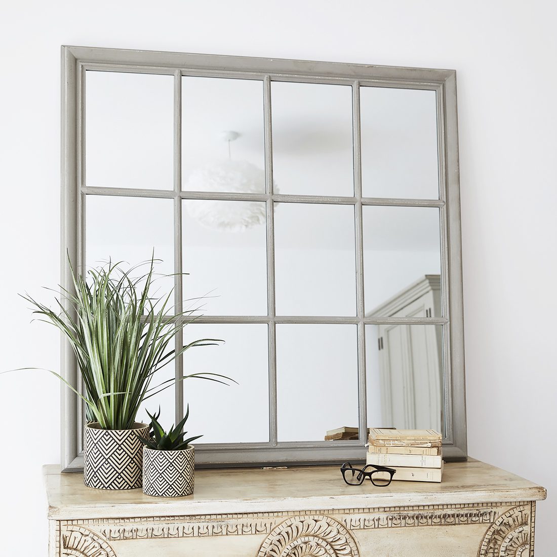 Distressed Grey Square Wooden Window Wall Mirror Primrose Plum