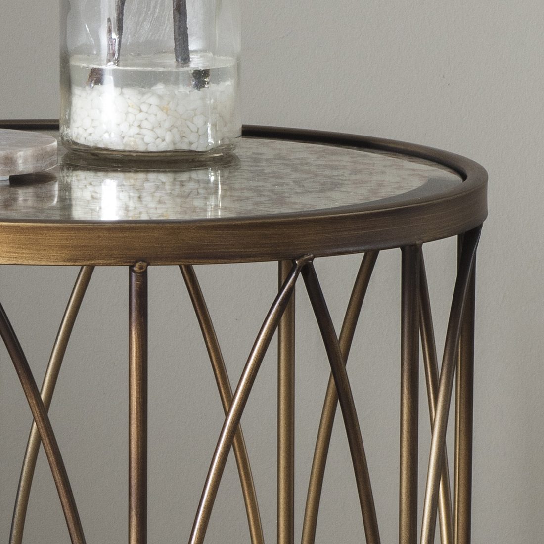 Antique Gold Round Side Table With, Antique Gold Round Side Table With Vintage Mirror Top