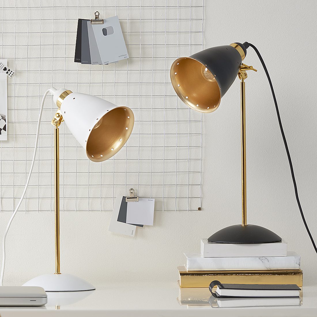 Retro Desk Lamps White Or Black Primrose Plum Enamel Retro Desk Lamps Available In White Or Black With Gold Contrast To Inside Of Shade