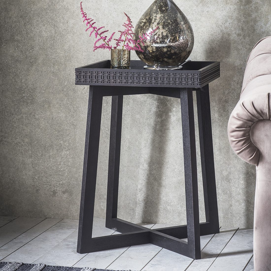 Carved Wooden Side Table Black
