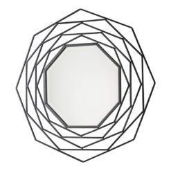 contemporary black metal framed wall mirror made up of six layers of octagonal shapes forming a geometrical design