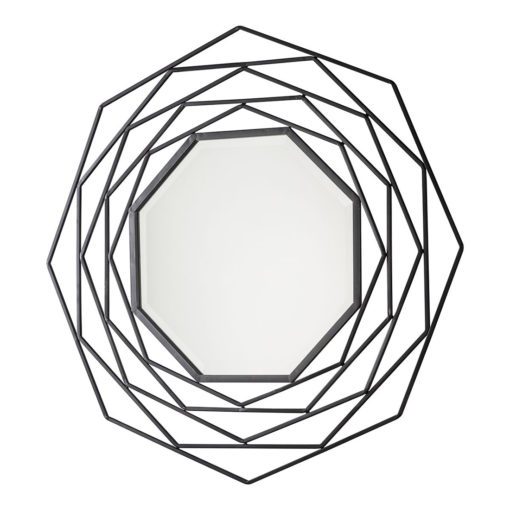 contemporary black metal framed wall mirror made up of six layers of octagonal shapes forming a geometrical design
