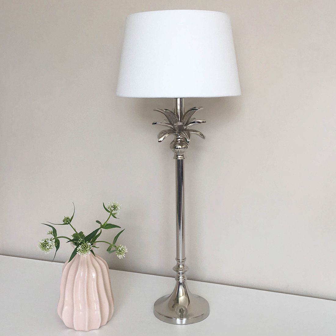 Nickel Palm Tree Table Lamp With Ivory Linen Shade