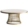 round coffee table with a champagne gold metal cage design base topped with solid white marble