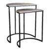 set of two crescent shaped nesting tables with metal legs and a textured warm silver metal surface