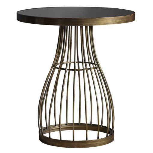 round side table with a champagne gold metal cage design base topped with solid white marble