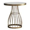 round side table with a champagne gold metal cage design base topped with solid white marble