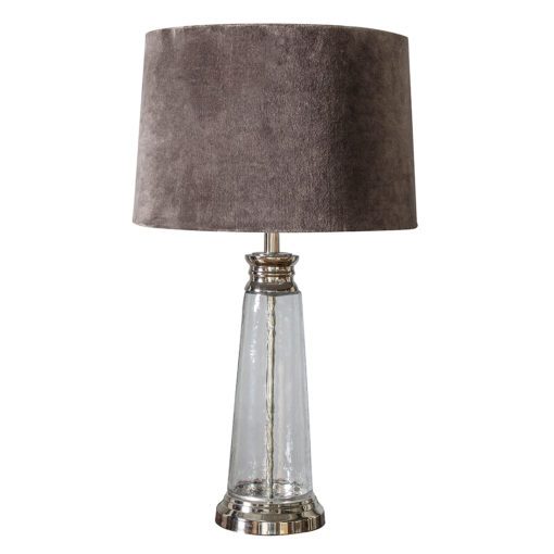 conical shaped textured glass lamp base with nickel base, collar and inner pole topped with a grey velvet drum lampshade