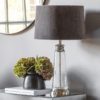 conical shaped textured glass lamp base with nickel base, collar and inner pole topped with a grey velvet drum lampshade