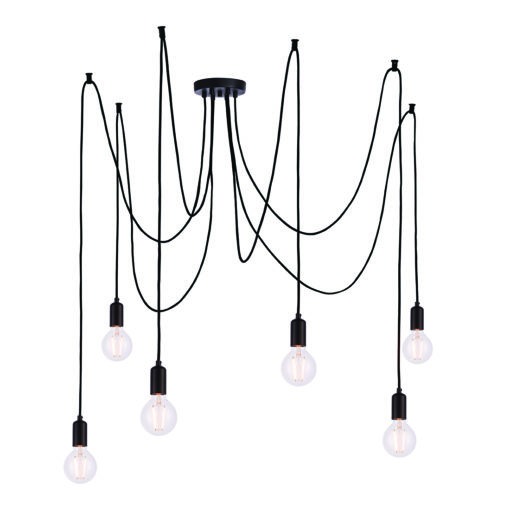 industrial pendant light consisting of six hanging bulb holders on black cord - available in copper, chrome or black