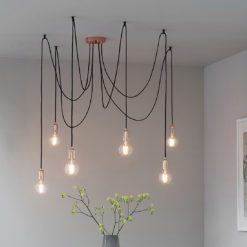 industrial pendant light consisting of six hanging bulb holders on black cord - available in copper, chrome or black