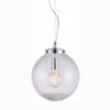 a round glass pendant light with loose crystals placed in the base to reflect with clear cord and chrome fittings