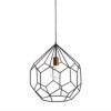 a black geometric prism shaped pendant light with an open cage design with brass bulb holder