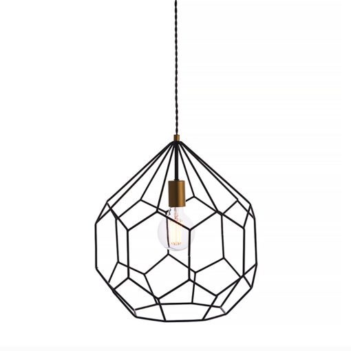 a black geometric prism shaped pendant light with an open cage design with brass bulb holder