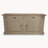 a solid wooden sideboard with a lightly distressed painted grey finish, two cupboards, two drawers and solid oak top