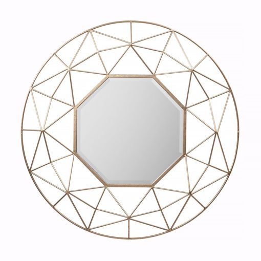 round gold metal mirror with a 3D geometric wide frame surrounding an octagonal central mirror