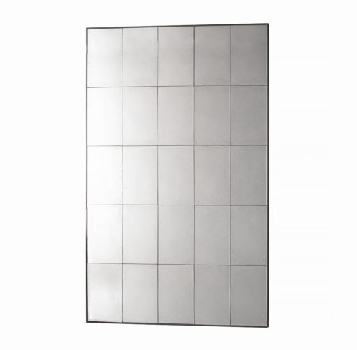 a large rectangular black metal framed mirror consisting of 20 rectangular panes and finished with antique vintage style glass