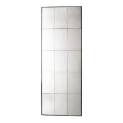 large rectangular wall mirror with a black metal frame made up on 15 rectangular panes finished in a vintage smoked glass