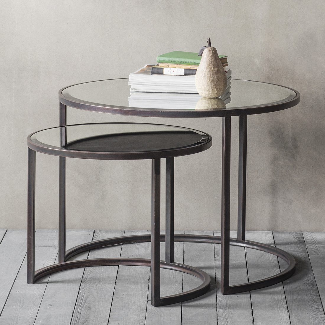 Mirror Topped Industrial Round Nesting, Circle Mirror Side Table