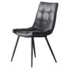 a set of two padded dining chairs upholdered in a charcoal grey faux leather on a black metal base