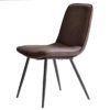 set of two lightly padded dining chairs upholstered in a vintage brown faux leather with metal legs